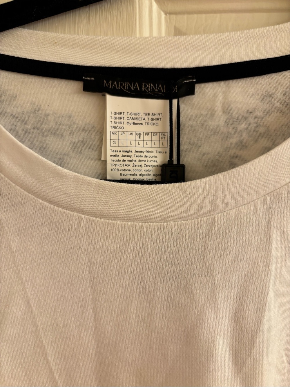 Marina Rinaldi White Short-Sleeve Tee with Black Vertical Text NWT - Picture 3 of 5